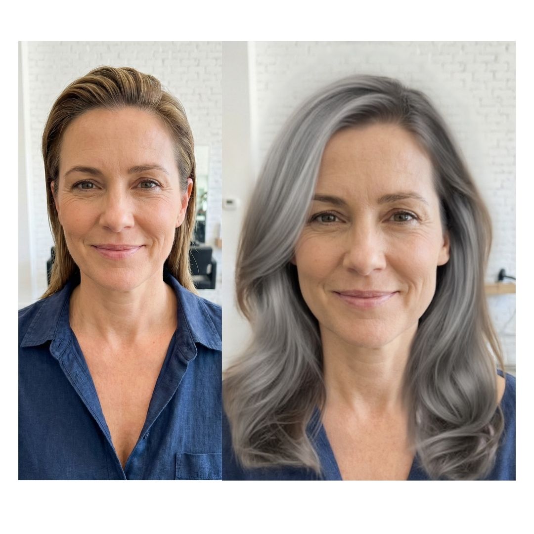 Woman Using Gray Hair Filter to Preview Silver Hair on Her Natural Graying Hair