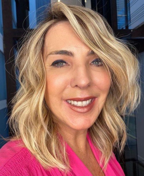 Medium Length Hairstyle with Deep Side Part for Older Women