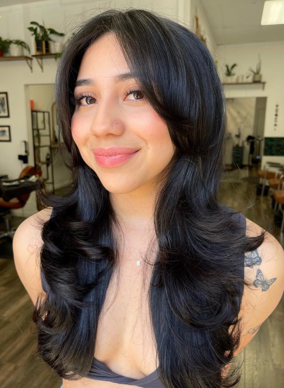 Choppy Rounded Layers and Bangs on Long Hair