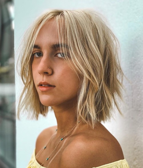 Choppy Bob with Long Curtain Bangs for Thin Hair