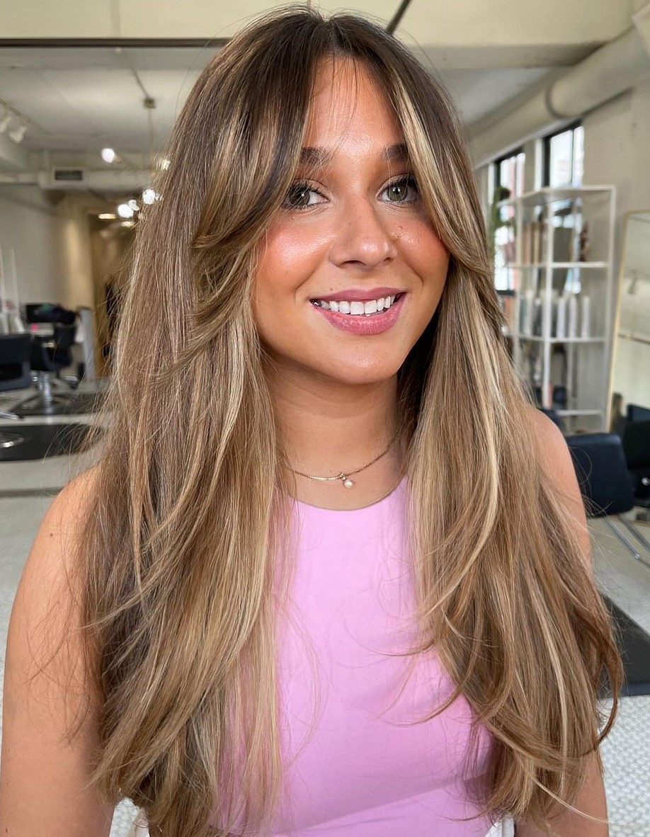 Straight Hair with Blonde Balayage Soft Layers and Bangs