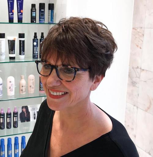Brunette Feathered Pixie Over 50