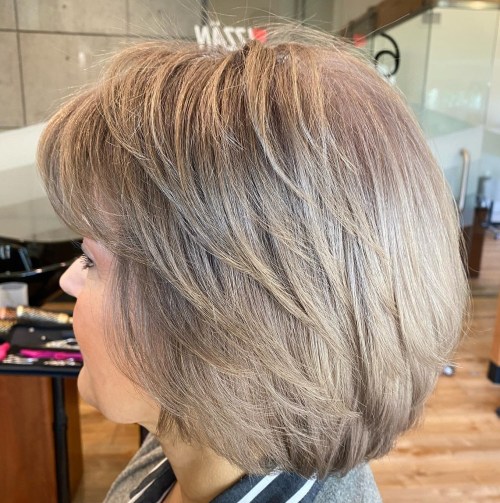 Silver Bronze Layered Bob with Bangs