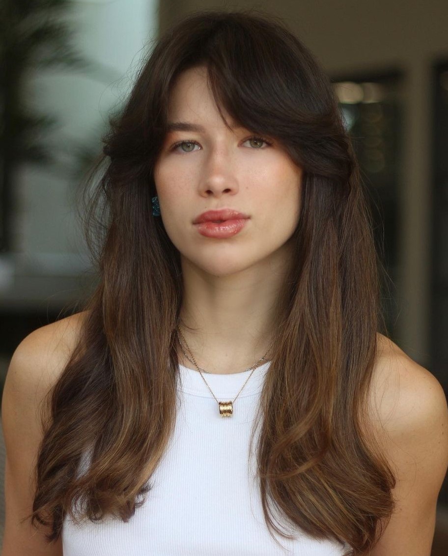 Long Thick Hair with Off Center Curtain Bangs