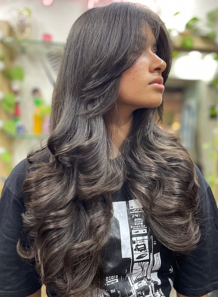 Long Layered Hair with Body Wave and Layered Curtain Bangs
