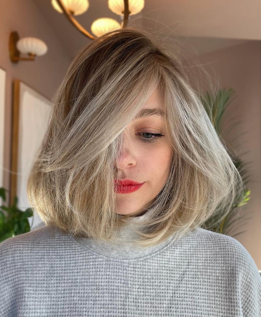 90s Bob Long Bob with Bright Blonde Balayage and Bubble Silhouette