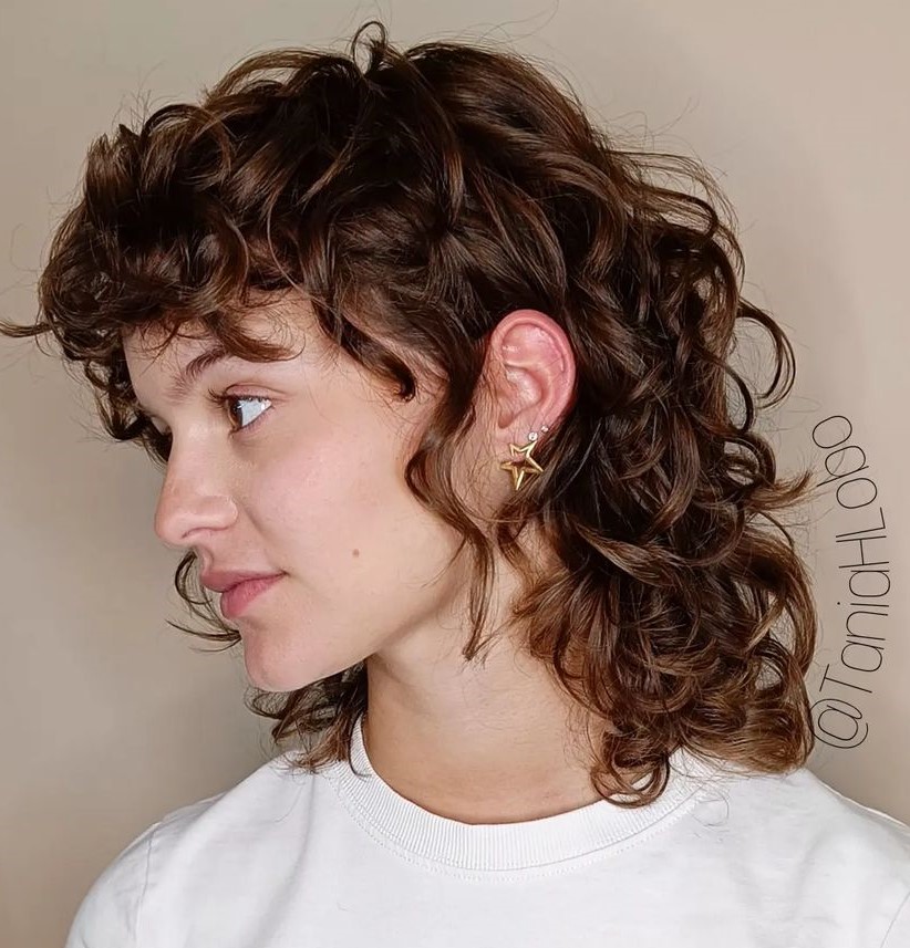 Shoulder Length Mullet with Curly Wolf Cut Bangs