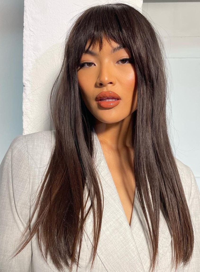 Long Dark Chocolate Hair with Faux Bangs