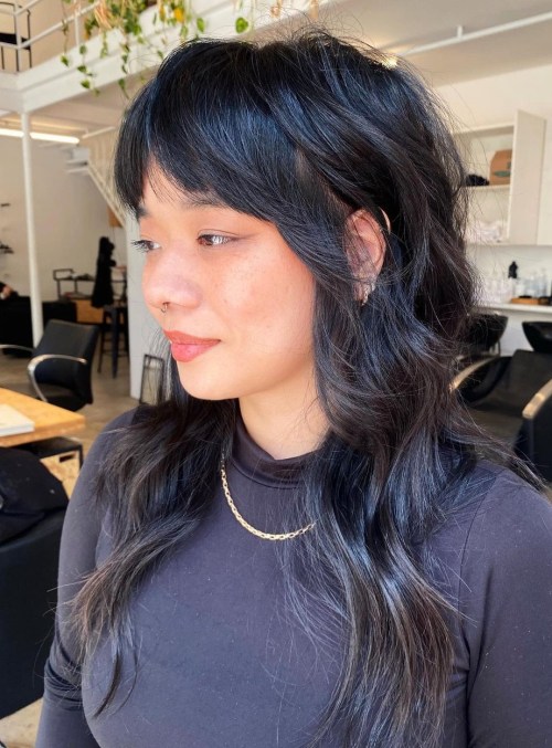 Long Feathered Shag for Dark Brown Hair