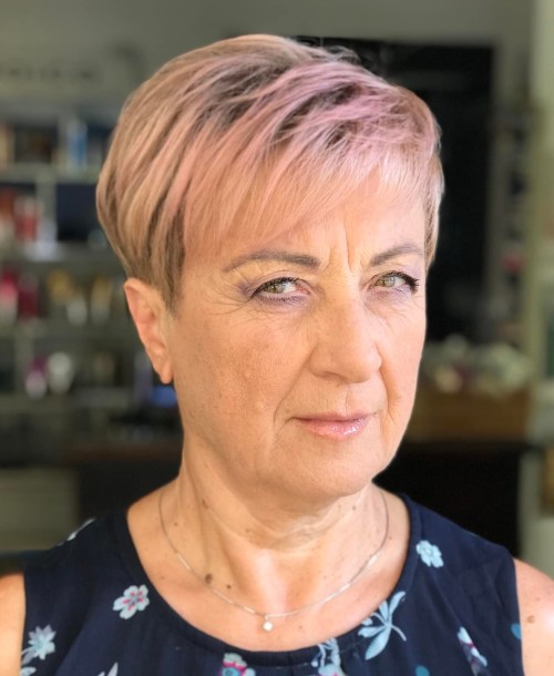 Pink Tinted Blonde Pixie Over 50