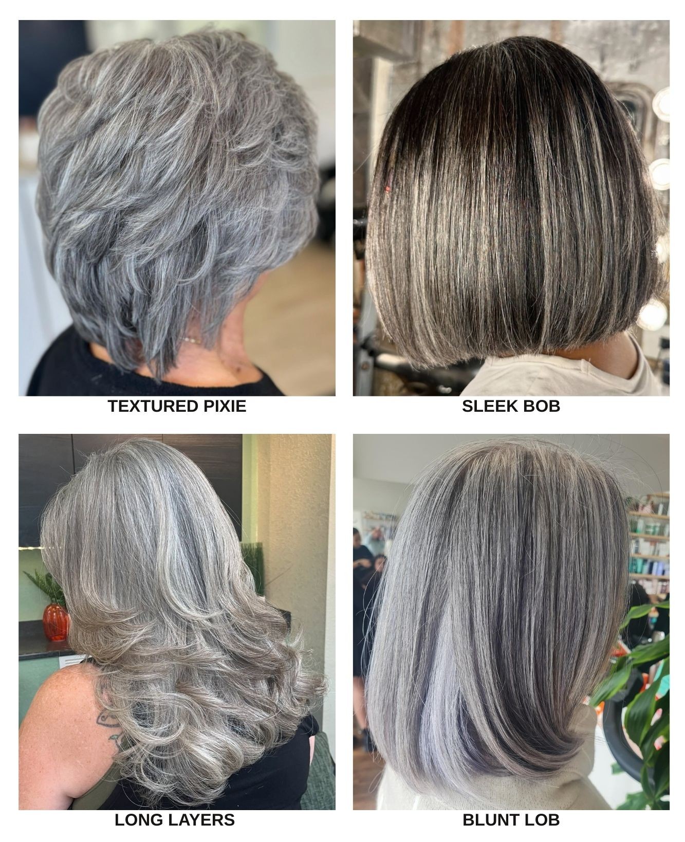 Where to Try Different Gray Hair Hairstyles - Gray Textured Pixie, Sleek Silver Bob, Salt-and-Pepper Long Layers, Blunt Graying Lob