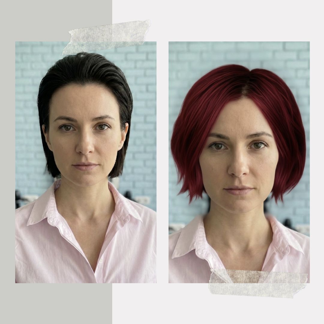 Before-After Example of Burgundy Hair Color on Dark Hair Filter Showing a Realistic Deep Red Violet Shade on Dark-Based Hair
