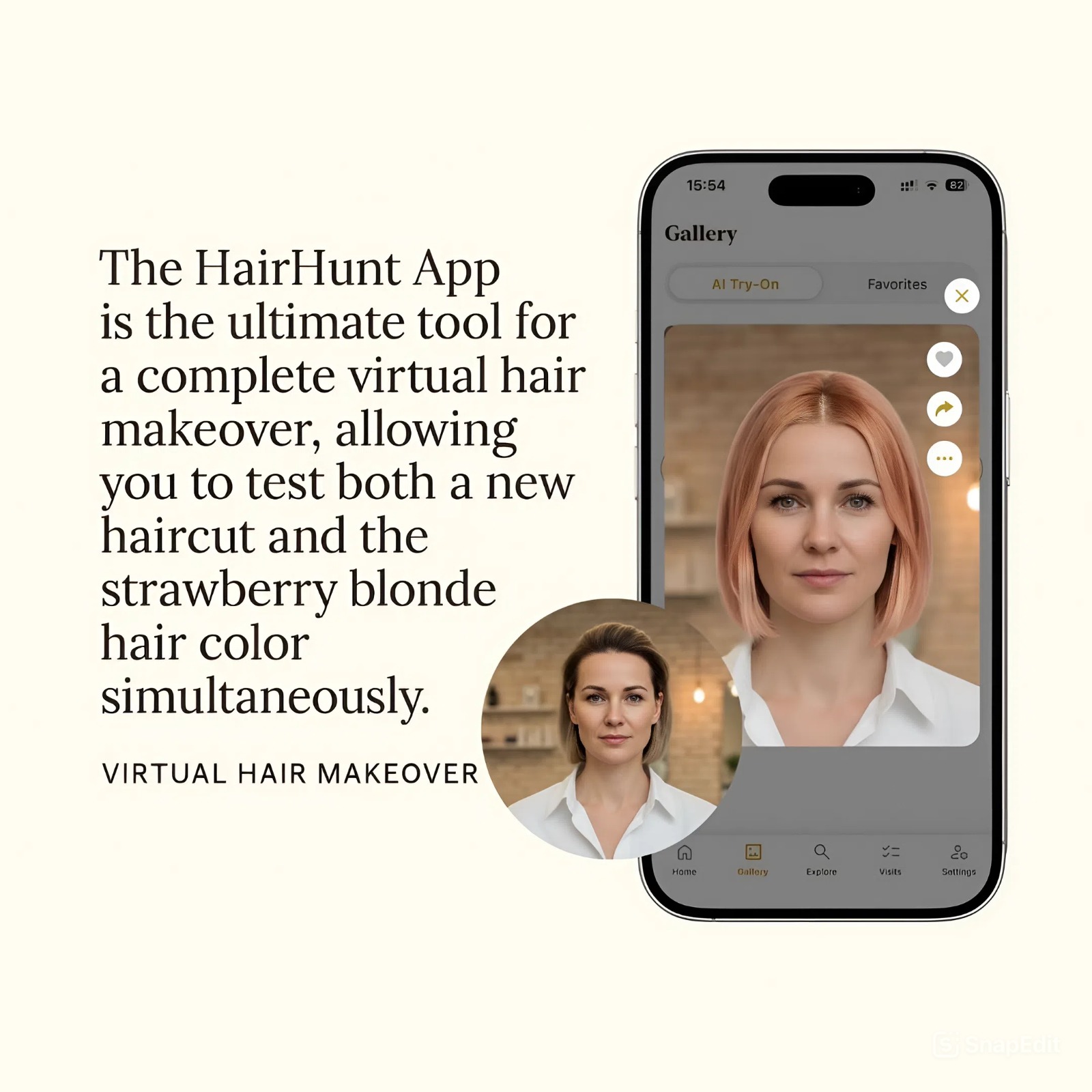 HairHunt App Showing Virtual Bob Haircut with Strawberry Blonde Color