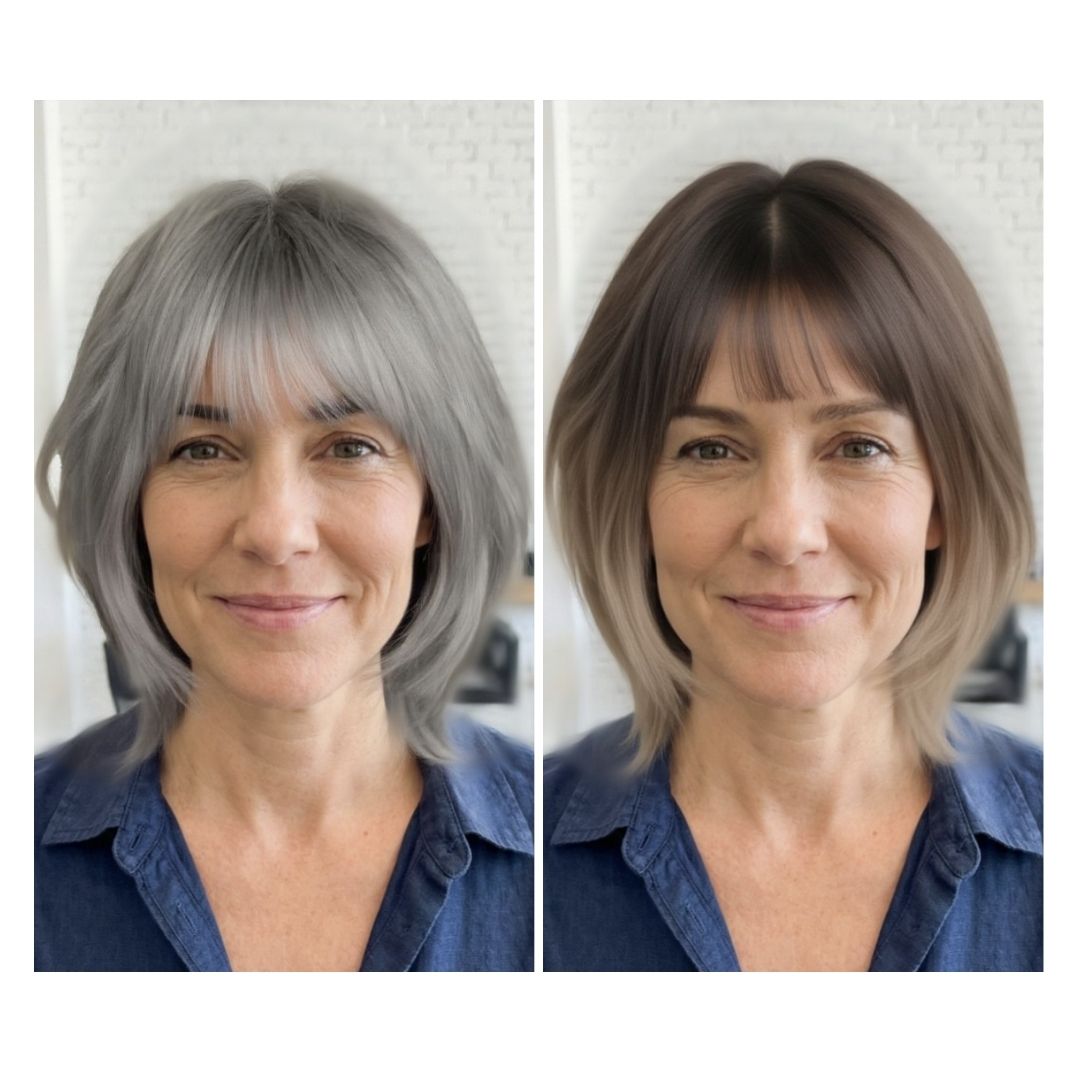 Comparing Cool Platinum Silver Hair Versus Warm Pewter Gray on Same Face in Online Hair Try-On App