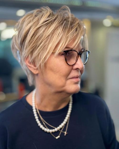 Short Side Swept Haircut for over 60 with Glasses