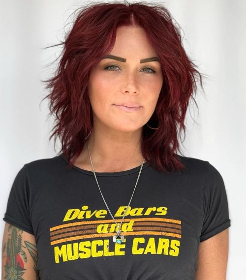 Collarbone Center-Parted Burgundy Shag