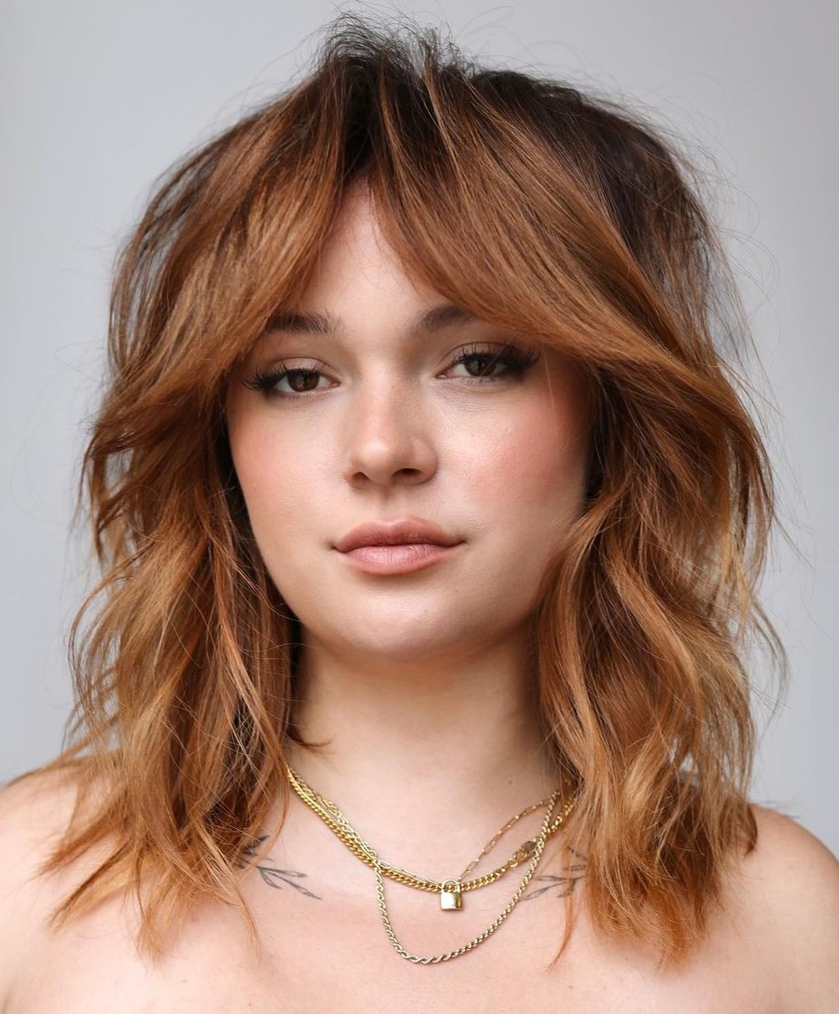 Shoulder Length Layered Bob with Curtain Bangs